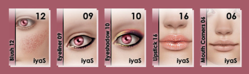 ***Blush 12, eyeliner 09, eyeshadow 10, lipstick 16, mouth corners 06*** Sims 4.Blush N 12.All ages,