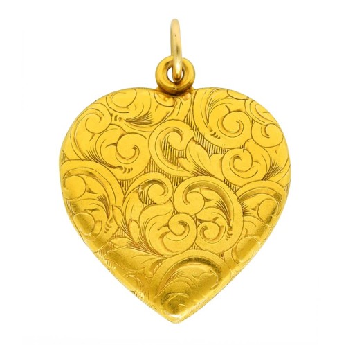 Art Nouveau gold, diamond, and sapphire engraved heart locket, c. 1905 (at Wilson’s Estate Jew