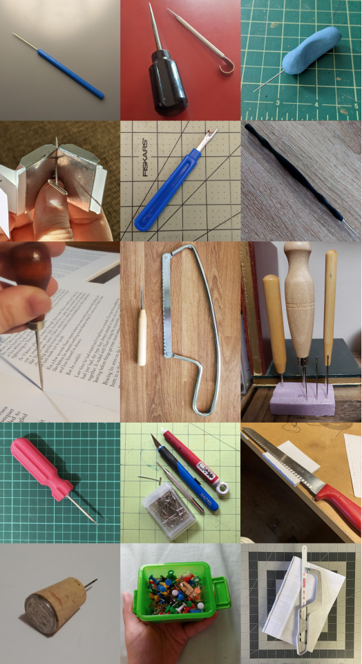 A photo collage of tools that Renegade Publishing members use for cutting/punching holes for sewing books. There's a: dissection probe, awl, DIY awl made with modeling clay and a needle, t-pins, a seam ripper, a pointed tool for pottery, an awl, a mini hacksaw, several more awls and an exacto knife, a bread knife, a DIY awl made from a needle stabbed into a cork (with a coin glued to the back to stop it from coming through the other side), push-pins and another hacksaw.