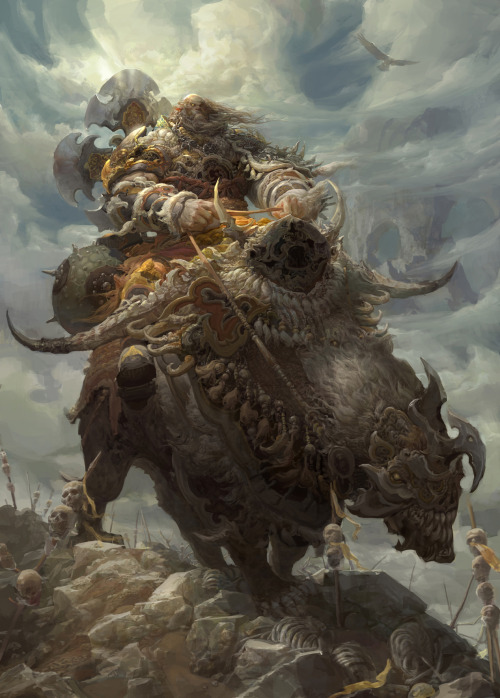 thetenk:  domuan:  Oooohh… I love Budha/Hindu/Chinese heavily influenced scene of battle just like images above by Fenghua Zhong.  damn this guy pulls off scale well 