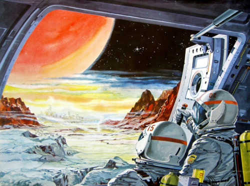 70sscifiart:  Astronauts explore the unknown. From my archives, featuring works by Chesley Bonestell, Chris Foss, Bruce Pennington, and more.