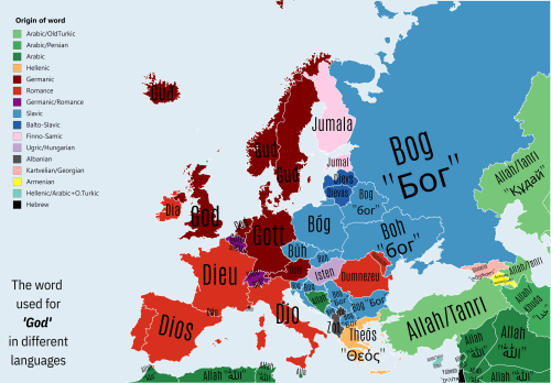 mapsontheweb: The word used for “God” in Europe and surrounding regions