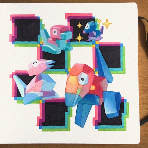 cort3d:Sketchbook drawing of Porygon models from different games.