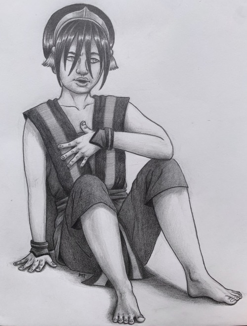 undercovermartina:[ID: Three photos of a realistic grayscale drawing of Toph from Avatar: The Last A