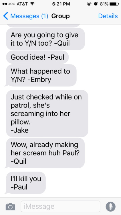 imaginetwilight: (Requested by Anon) Fake Text- Reader goes to tell her friend about her crush on Pa