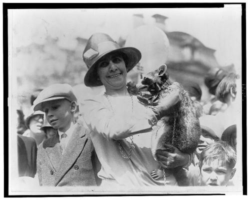 First Lady Grace Coolidge with her pet raccoon, Rebecca. Between 1921 and 1923.  