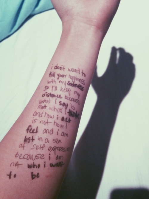 unwhined:  “i don’t want to kill your happiness with my sadness so I’ll keep my distance because what i say is not what i think and how i act is not how i feel and i am lost in a sea of self expression because i am not who i want to be”