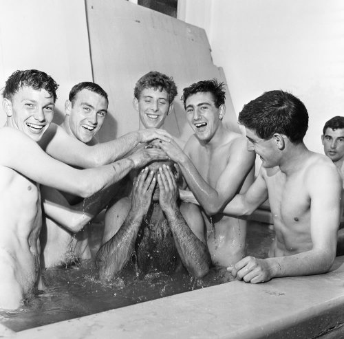 notdbd:Stoke City FC players, 1962. Fun with the boys in the dressing room bath. 