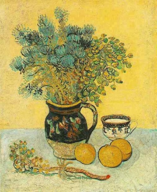 artist-vangogh:  Still Life Majolica Jug with Wildflowers, 1888, Vincent van GoghMedium: oil,canvashttps://www.wikiart.org/en/vincent-van-gogh/still-life-majolica-jug-with-wildflowers-1888  I like that it looks haphazard, but it actually very detailed.