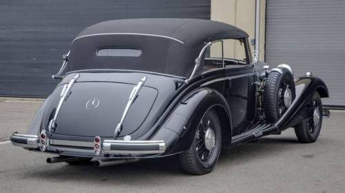 motoriginal:  1937 Mercedes-Benz 540K Cabriolet BBlack body, black top, black spokes, red leather. Supercharged 5.4L Inline 8-cyl engine.Photos via Hemmings.