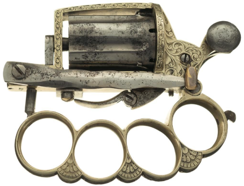 Silver plated and engraved Dolne Apache knuckleduster revolver, France, late 19th century.