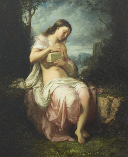 hildegardavon:Circle ofJean-Baptiste Camille Corot, 1796-1875Pandora opening the box, n/d, oil on ca