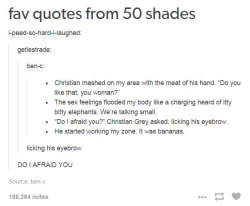 meme-rage:  The sad thing is, i wouldn’t doubt these being actual quotes from the bookomg-humor.tumblr.com  Someone should draw Christian grey licking his eyebrow for me