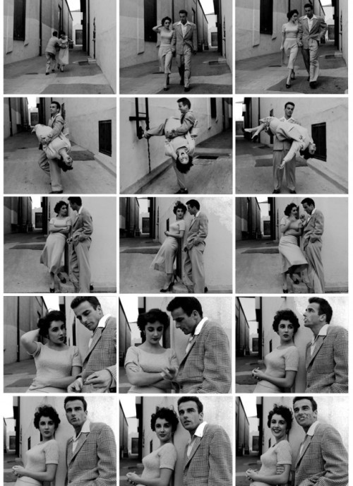Elizabeth Taylor and Montgomery Clift on the Paramount lot during a break in filming A Place in the 
