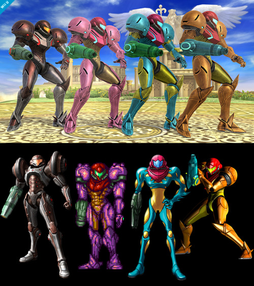 technosyndrome:Samus’ alternate colors in Super Smash Bros. for Wii U / Nintendo 3DS and their inspi