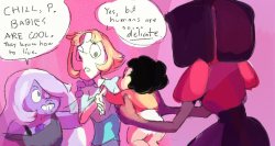 nillia:    My headcanons are these:    Amethyst is the only one who had already regenerated when Steven was a baby. Steven, like all babies, loved to grab noses.  Pearl does not know this, but that’s fine. Patreon —  Store —  Stream  —  Other