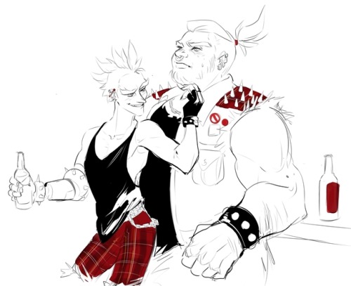 Some doodles of Junkrat trying to flirt with Hoggie 