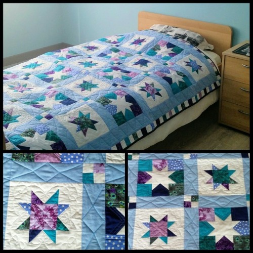 This is my first finished quilt. I used fat quarters and yardage for the white fabric and blue sashi