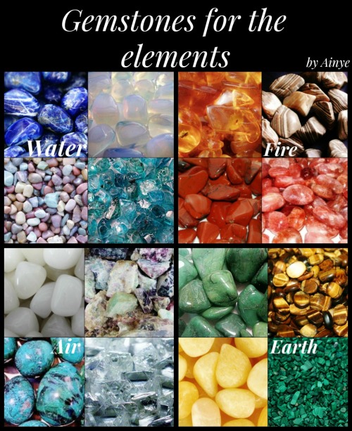 ainye:WATER: Lapis Lazuli, River Stones, Moonstone, ZirconFIRE: Amber, Flint, Jasper, SunstoneAIR: S