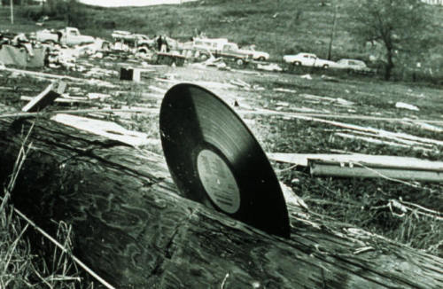 A 33rpm plastic record that sliced into a telephone pole during a tornado