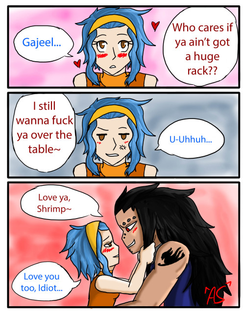 allyshidraws:  Gajevy Love Fest Day 3: “Size” I feel like Levy would get self conscious a lot (I know I do >.>). I’m super happy with this fluffy comic x//3 