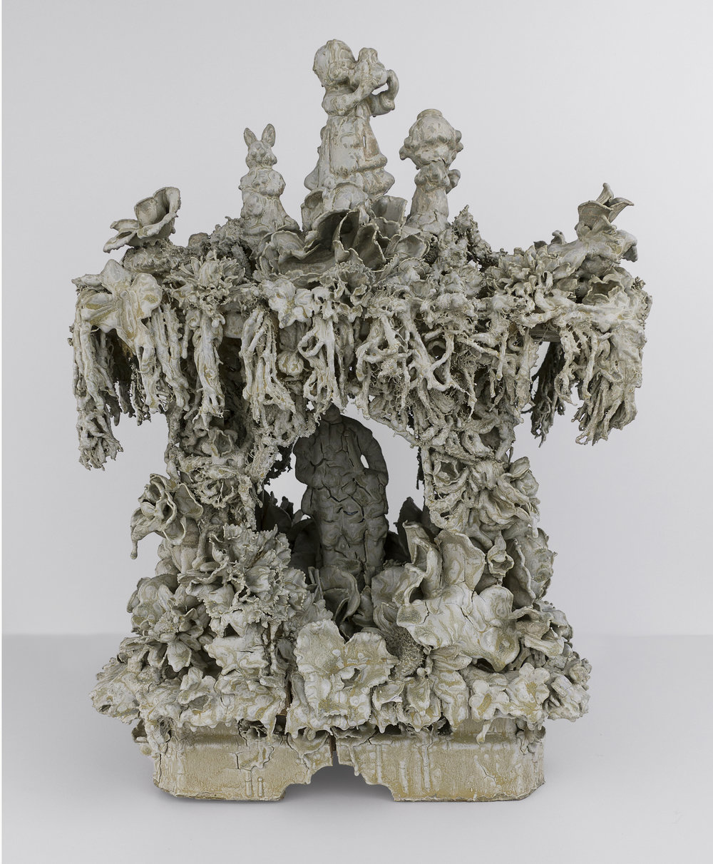 Pagoda (Grey Day) 2017 by Anthony Sonnenberg (b. 1986)
19 × 12 × 9 in; 48 × 30 × 23 cm
Cone 10 reduction fired porcelain over stoneware, found ceramic tchotchkes, glaze
“I use time‐intensive construction methods to create totems and environments that...