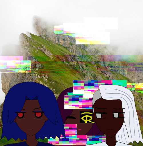 the triplets are above a cascading bright grassy green cliff face that is steeply falling to one side. fog is rolling in but smashing up against the cliffs. there's glitching everywhere. antonio's frowning and not getting any sleep with red eyes irritated and brows drawn. he has blue hair like waves. behind him is a strange fernando who is glitching and smiling but has the eye of horus in gold in front of his left eye. raj is frowning as he stares at antonio next to him with dark brown skin and falling silver hair that's flipped. there's no roses.