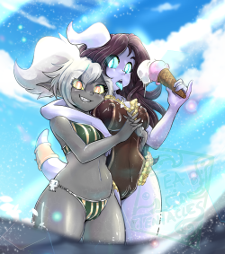 manda-doodle:Madii and Lolïpop having fun at the beach [the last one I drew of them was in 2015] ; there’s a lewd version of this but its not on tumblr xD