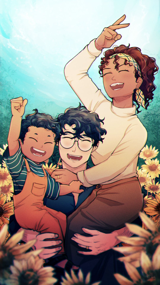 Harry, Hermione, And Their Son James In A Sunflower Field.