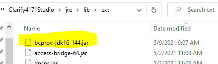 Remove bcprov-jdk16-144.jar from Cleo clarify jre/lib/ext directory