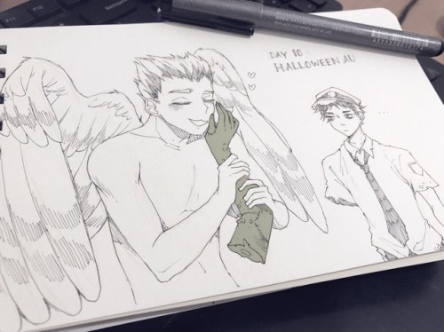 #bkaktober day 10: Halloween AU Bokuto as owl guy &amp; Akaashi as zombie police from the official 