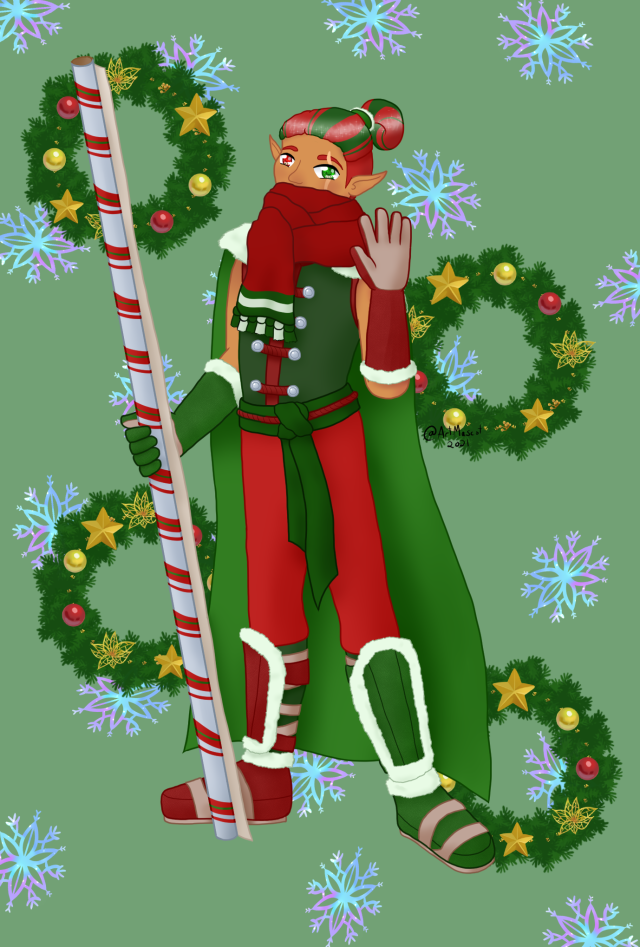 Digital full body drawing of a slender elf with a scar across their left eye, red hair with green highlights in an undercut ponytail, and heterochromia (left eye green, right eye red). They're wearing a red and green martial arts outfit, large red scarf covering their mouth, and green cape. Most of it is trimmed with white fur. They're holding a huge tube of wrapping paper and waving at the viewer. In the background are 4 wreaths and several snowflakes.