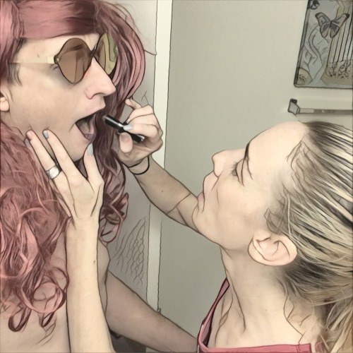 Mistress fixing Sissy Steffi’s makeup.