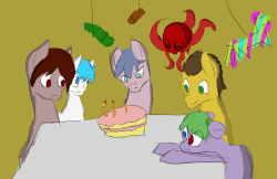 mod-of-dbl-and-mimu:  HAPPY BIRTHDAY ME Featured from right to left is: akaito-twin, smokefiles, mod-of-dbl-and-mimu, huggablehoncho, soulsiphonmlp, and unhinged-pony  From now on my persona is going to be a skull with tentacles! (gonna have to change