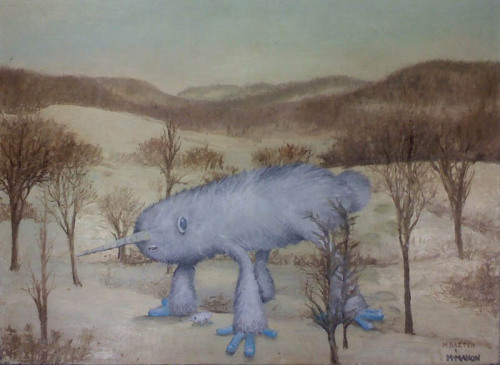 tastefullyoffensive:  Artist Chris McMahon buys other people’s landscape paintings at thrift stores and puts monsters in them.Previously: Artist Repaints His Own Childhood Drawings 