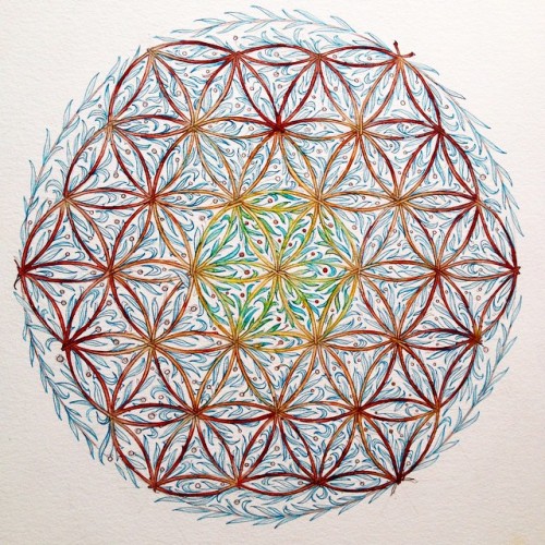 carnegriffiths:  #floweriflife I panned to work the leaves more but I like the balance here between floral in the centre and the flower of life motif… It’s finished time to move on … 
