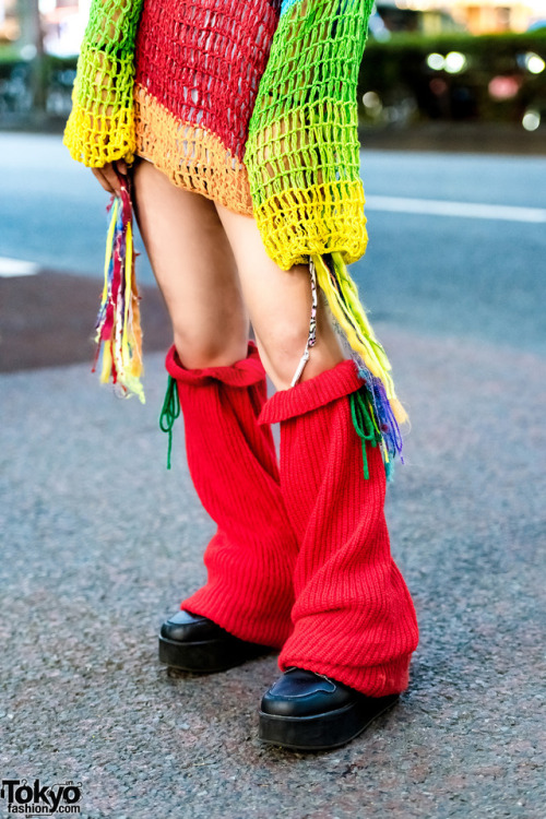 15-year-old Japanese student Yoh on the street in Harajuku wearing a colorful look with a vintage kn