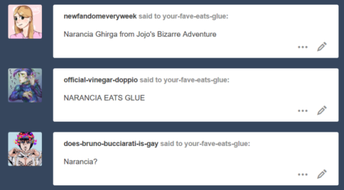 your-fave-eats-glue:NARANCIA GHIRGA from Jojo’s Bizarre Adventure eats glue!
