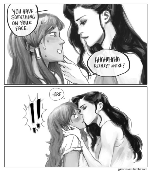 yvonnism:  A little continuation of this. Korra is still a little confused and in denial, so Asami needs to give her a kiss to make the last bit of her hetero go away. 