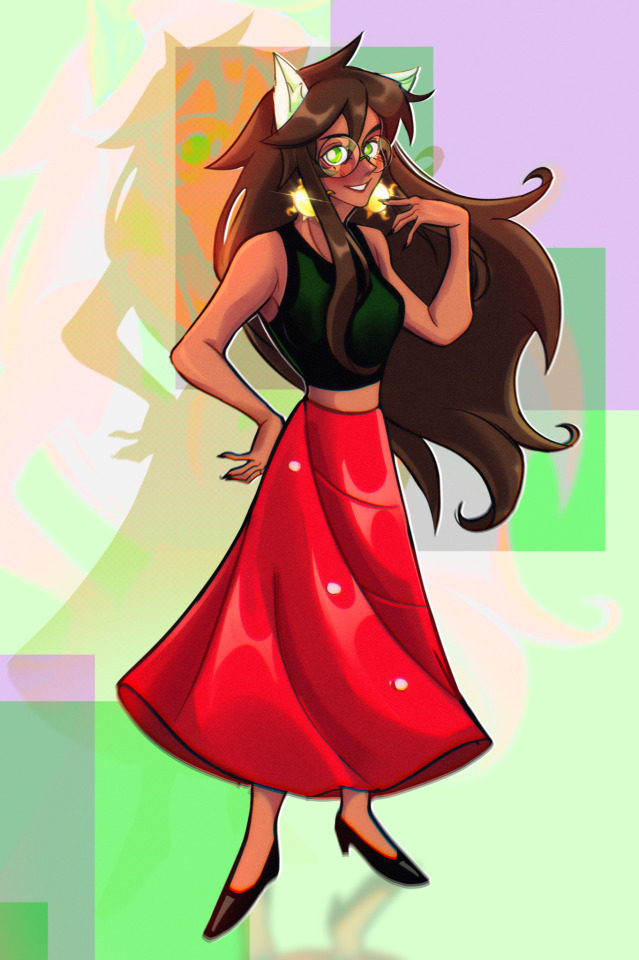 Jade Harley wearing Kanayas skirt, a crop top, heels. she has 2 sun shaped earrings dangiling from a set of human ears. she also has a pair of dog ears.