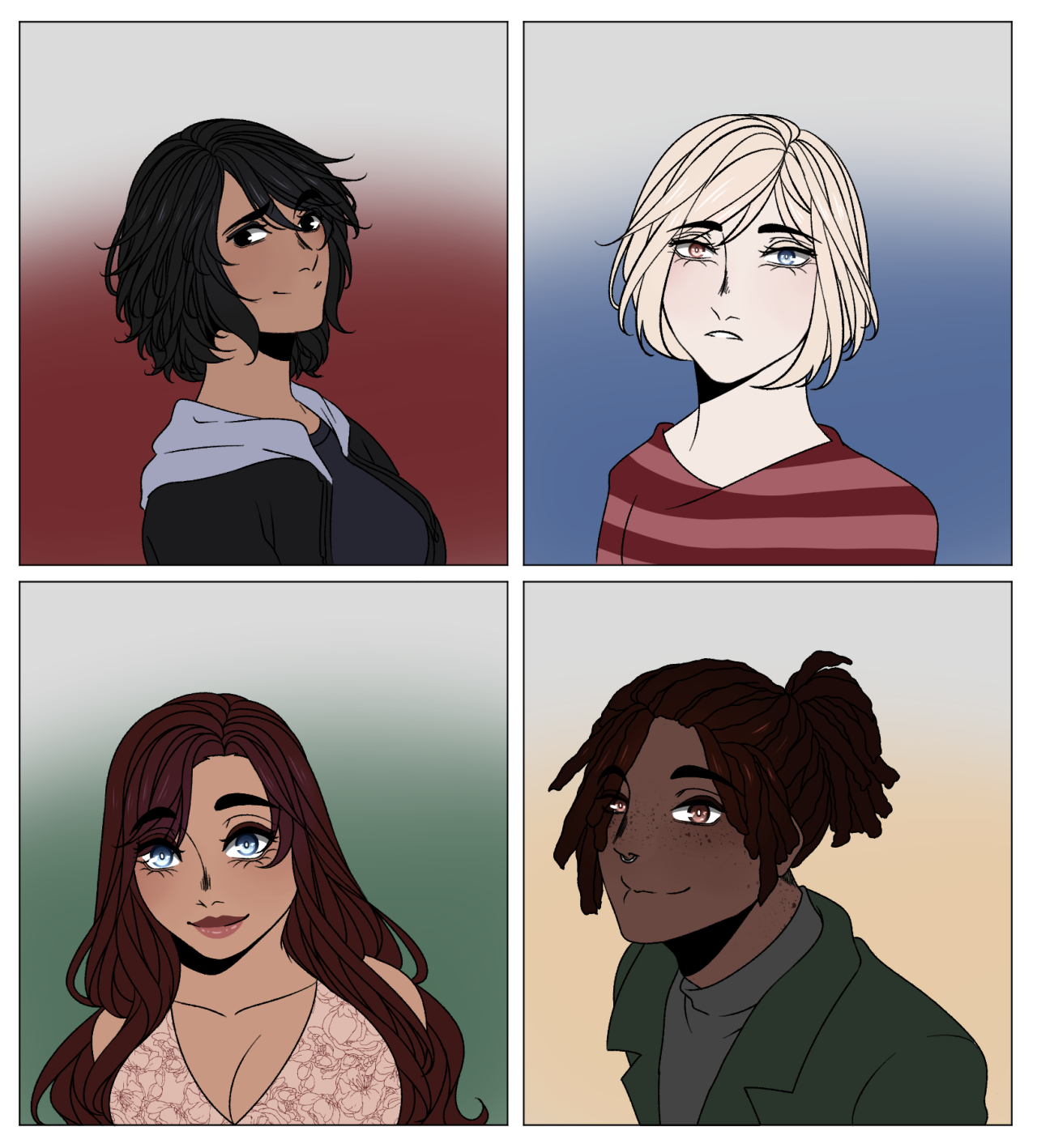 The lineup of my Wayhaven detectives!
“Top Left: Noire Batra
Top Right: Angela Sannes
Bottom Left: Sienna Valentino
Bottom Right: Rido Juarrez
”