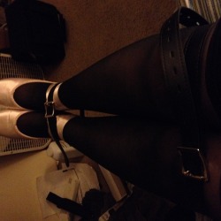 lilsubkat:  This is how I spent my Friday night. Bound with leather straps, my toes on pointe, gagged, and my collar locked behind me. There will be very few pictures of me bound, because my sir does not usually allow pictures, but I took these myself.