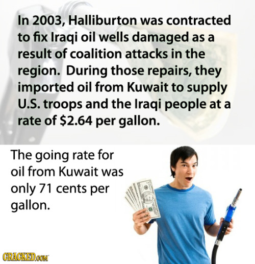 cracked:  But remember, it costs a lot to get oil from Kuwait all the way to Iraq. 16 Diabolical Acts of Evil by Famous Corporations