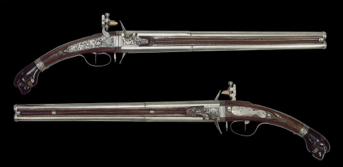 A rare set of Dutch flintlock two shot swivel barrels pistols crafted by Jan van den Sande, circa 16