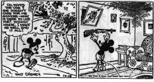 fantagraphics: utnereader: Mickey Attempts Suicide The two comic frames, above, were originally publ