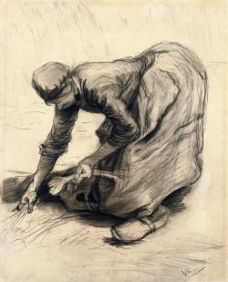 artist-vangogh:  Peasant Woman Gleaning, Vincent van GoghMedium: chalk,paperhttps://www.wikiart.org/en/vincent-van-gogh/peasant-woman-gleaning-1885-1