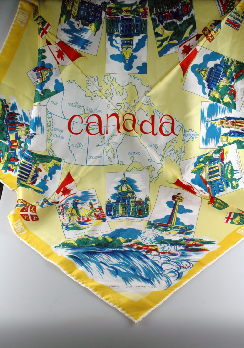 Canada 1867-1967 souvenir scarfPolyester twill scarf, ‘Travel Memorabilia 1967’. Hand ro