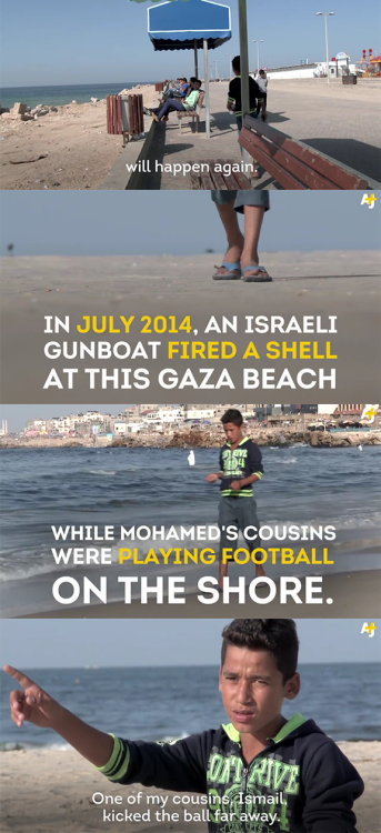 hijabby: from-palestine:  [Mohamed Baker was playing soccer with his cousins on a beach in Gaza. Fou