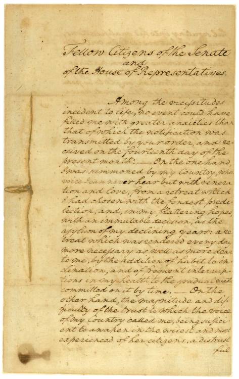 usnatarchives:
“  In honor of the 2013 Inauguration, the first and last page of Washington’s first Inaugural Address are on display at the National Archives until January 31.
Unseasonably cold and snowy weather delayed the first Presidential...