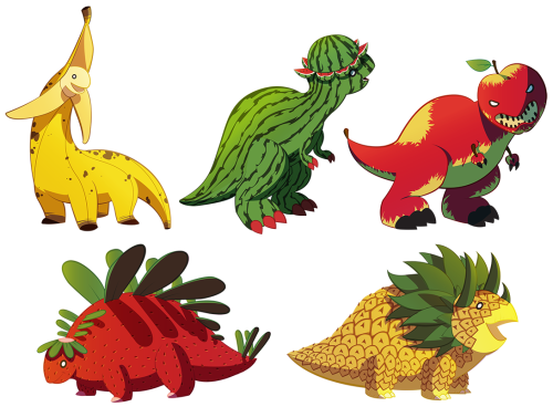 moofrog:  Oops forgot to share these! Another project done in vector for school.  I present you: DINOFRUIT! We have the Bananasaur, Pachymelonosaurus, Tyrapple Rex, Strawgosaurus and Pinappletop.  